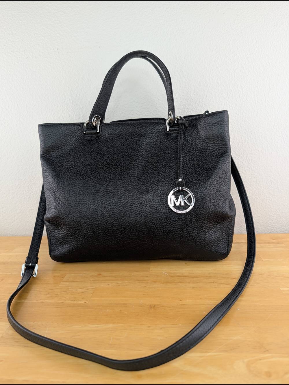 Michael Kors Annabelle Black Pebbled Leather Tote Shoulder Bag MK Charm Silver